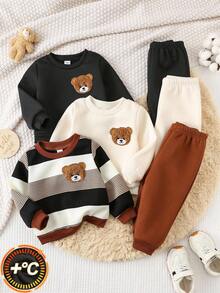 SHEIN 6件套婴儿男女童休闲可爱小熊条纹卡其色卫衣和运动裤套装，男女通用婴儿服装，婴儿冬季服装，小熊图案婴儿套装，男婴冬季服装，男婴服装，男婴小熊图案卫衣，婴儿秋冬套装 - 彩色 - 查看 3