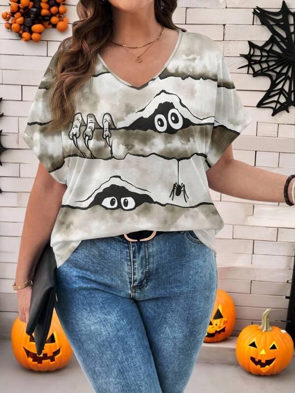 EMERY ROSE Camiseta holgada de manga corta con cuello en V y estampado de araña, talla grande, estilo casual para mujer en Halloween
