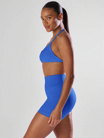 Ra Sport Solid Ruched Bust Open Back Halter Sports BH Active Comfy Workout Gym Running Run Clubpadel, Tennis, Pickleball view 4