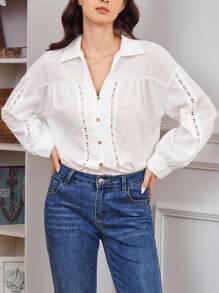 INAWLY Chemise d'été pour femmes en couleur unie avec couture en dentelle ajourée