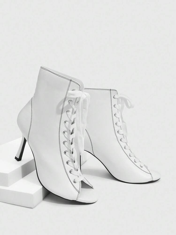 CUCCOO SZL Women's Black PU Leather White Lace Up Round Toe Fashion Ankle Boots
