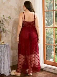 SHEIN 加大码勃艮第红色蕾丝性感细肩带长睡袍