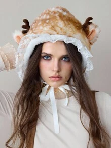 ROMWE Kawaii 1 pieza Sombrero de estilo Mori Girl con orejas de ciervo de peluche falso y encaje, sombrero con adorno de encaje, sombrero grueso y cálido para protección de orejas en invierno