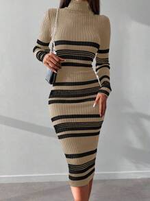 EURMUSE Striped Print Turtleneck Bodycon Jumper Dress - Mocha Brown - View 1