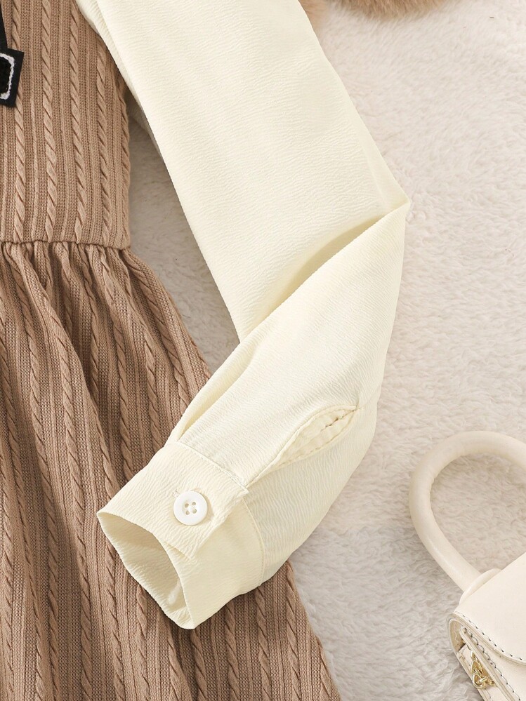 SHEIN Tween 女童休闲拼色拼布纹理面料字母贴花长袖连衣裙，秋季 - 卡其色 - 查看 3