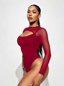 Sirith 女士纯色圆领插肩袖镂空修身紧身衣 - 酒紅色 - 查看 5