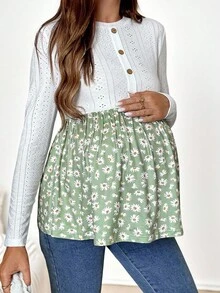 SHEIN Maternity Daisy Print Patchwork Design Button Down Long Sleeve T-Shirt For Vacation   Work/Office Maternity Top Maternity Clothes Flower Top Daisy Top Cottagecore Maternity Fall Women Clothes  Going Out Tops Women    Fall Women Clothes  Button Up Shirt Women  Graphic Women Tees - Black - View 8