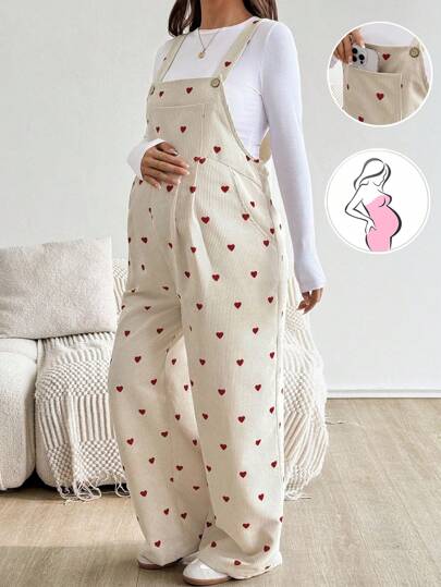 SHEIN Maternity Casual Heart Print Pocketed Jumpsuit  Fall Clothes  Boho Maternity