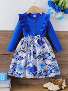 SHEIN 新款幼兒女童花卉印花長袖荷葉邊a字裙,收腰帶式設計 - 藍色 - 查看 1