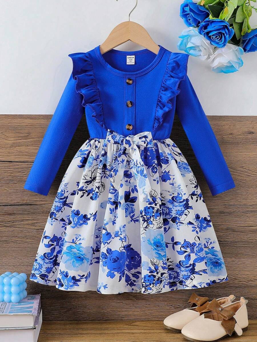 SHEIN 新款幼兒女童花卉印花長袖荷葉邊a字裙,收腰帶式設計 - 藍色 - 查看 1