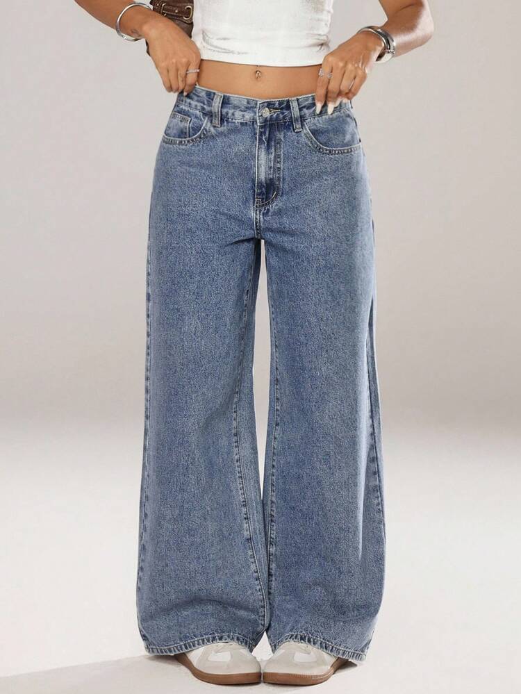 SHEIN ICON 女士浅色休闲牛仔裤 - 中等水洗藍 - 查看 3