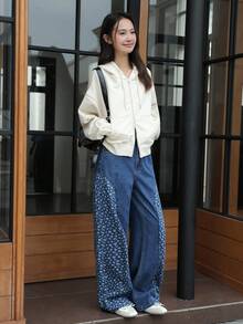 K-Vae Women's Autumn And Winter Small Floral Print Patchwork Jeans, Retro Country Style,Alloween Costumes,Chic Autumn