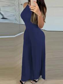 INAWLY Mono informal de mujer con tirantes de espagueti, espalda descubierta y pantalones de pierna ancha - azul real - Ver 3