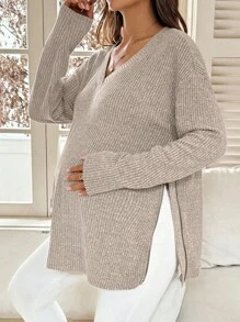 SHEIN 休闲宽松纯色舒适百搭长袖哺乳上衣 - 卡其色 - 查看 5