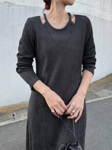 FRIFUL Women's Casual Commuter Solid Color Dress Long Sleeve Dress Ribbed Dress Knit Dress Women Dress Jumper Dress