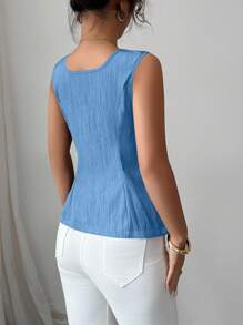 Elenzga Summer New Arrival French Elegant Fashion Big Metal Button Backless Tie Sleeveless Solid Color Blouse For Women - Blue - View 2
