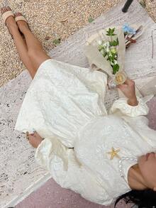 SHEIN Frenchy 女士优雅提花长袖迷你连衣裙 - 杏色 - 查看 8