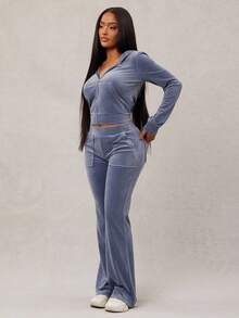 Radiana Conjunto de chándal de terciopelo gris-azul sexy y casual para mujer, sudadera con cremallera + pantalones de pierna ancha, set de 2 piezas, cómodo y suave para uso casual, deportivo, en casa o al aire libre