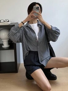 Livesso Women's Loose Striped Drop Shoulder Long Sleeve Single-Breasted Pocket Casual Shirt School - Navy Blue - View 5