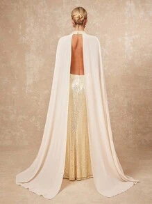 Lumalex 2025新款夏季海滩度假复活节波西米亚风格海滩户外婚礼派对成人毕业派对优雅奢华杏色亮片雪纺飘逸垂坠领修身鱼尾下摆连衣裙女 - 杏色 - 查看 4