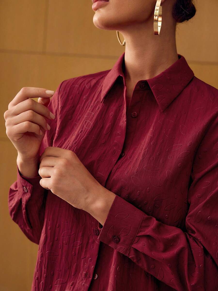 MOTF PREMIUM JACQUARD BUTTON FRONT SHIRT - Burgundy - View 2