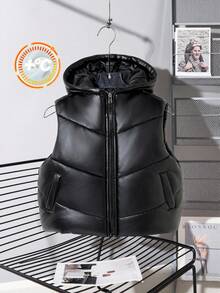 Veste matelassée minimaliste à capuche en PU épais avec poches latérales pour filles, convient pour les sorties, la maison et l'école, automne/hiver