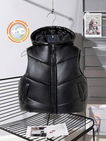 Veste matelassée minimaliste à capuche en PU épais avec poches latérales pour filles, convient pour les sorties, la maison et l'école, automne/hiver