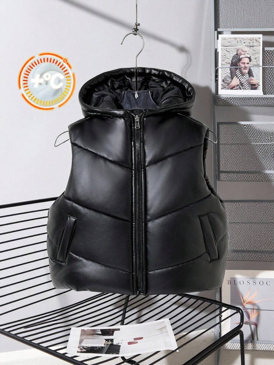 Veste matelassée minimaliste à capuche en PU épais avec poches latérales pour filles, convient pour les sorties, la maison et l'école, automne/hiver