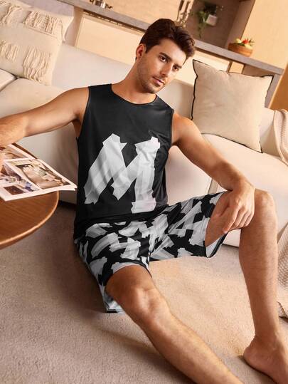 SHEIN 2Pcs Men's Letter Print Crew Neck Tank Top And Shorts Pajama Set For Men Loungewear PJs Sleepwear