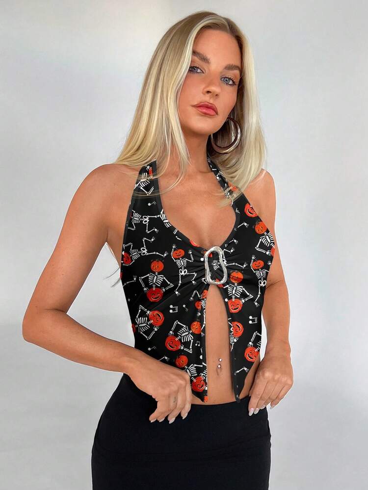 Aloruh Women's Halloween Skeleton Pumpkin Metal Ring Halter Neck Tank Top, Halloween Top, Halloween Clothes - Black - View 4