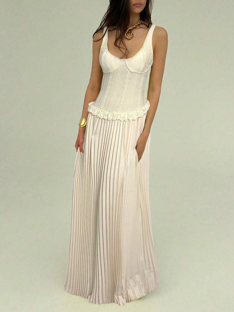 Aloruh Summer Elegant Cream White Tea Party Dress,Slim-Fit Stretchy Textured Retro Jacquard Low-Cut Pleated Splice Lace Trim Solid Extra Long Holiday - Apricot - View 3
