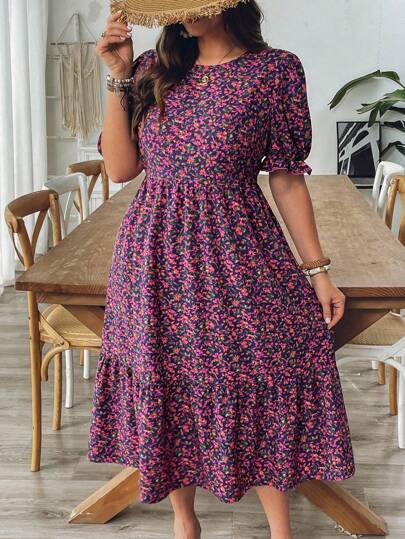 SHEIN VCAY Plus Size Women Floral Print Round Neck Short Puff Sleeve Casual Dress,Summer Outfits For Women,Sun Dresses For Women
