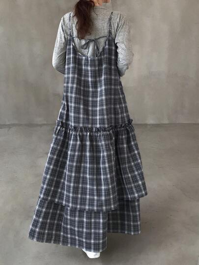 FRIFUL 女士休闲格子下摆荷叶边宽松百搭多层连衣裙，适合秋季