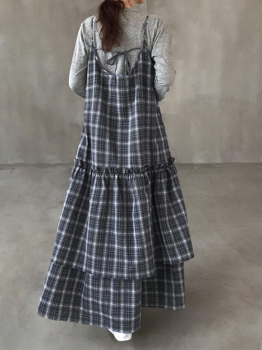 FRIFUL 女士休闲格子下摆荷叶边宽松百搭多层连衣裙，适合秋季