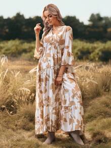 SHEIN Umstandskleid mit Rüschenärmeln, Knopfleiste vorne, mehrlagiges fließendes Kleid, weite Passform mit Blume Muster - Khaki - Übersicht 5