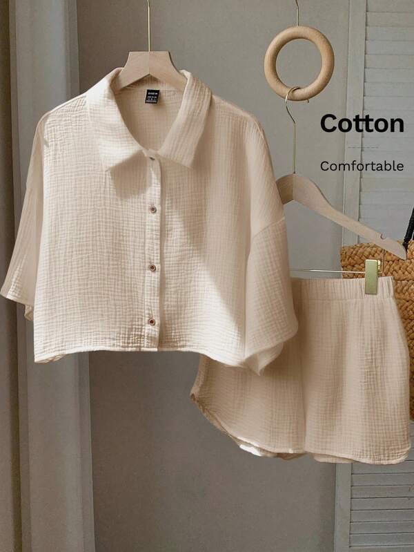 Comfortcana 2pcs/Set Women's Apricot Vacation Blouse & Shorts Set, Summer