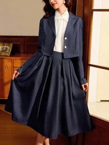 Vintamour 2 件套复古经典优雅女士套装，修身领夹克和口袋裙，海军蓝长袖，秋冬 - 藏蓝色 - 查看 6