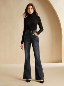 Anewsta Quần jean denim đen đính đinh tán phong cách đường phố, phù hợp cho mùa thu, thanh lịch, sang trọng, Giáng sinh, năm mới - màu đen - Xem 6