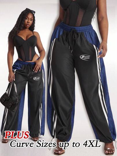 SHEIN SXY 大码女装秋冬春夏清爽基础款牛仔印花阔腿抽绳腰裤，适合嘻哈、休闲、街头风、西式穿搭、音乐节、复古、极简主义、演唱会、嘉年华派对、度假、郊游、假期、约会、聚会、生日、单身派对、辣妹风、休闲、锐舞、简约、时尚、夜店、可爱、休闲、购物、街头风、外出、Y2K、Y3K风格，易于搭配，显瘦，凸显身材，修饰身形，清爽时尚