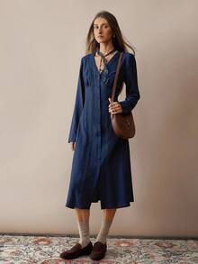 Florisole Vestido largo de manga larga con botones al frente, cintura fruncida, pliegue en la espalda y encaje en el ruedo, en color azul marino vintage, estilo campestre y escolar, para mujeres - Azul - Ver 4