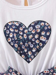 SHEIN Vintaside Kids 小女童小碎花和愛心圖案腰帶連身短褲