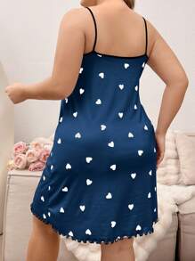 大码女式心形印花休闲吊带睡袍 - 藍色 - 查看 2