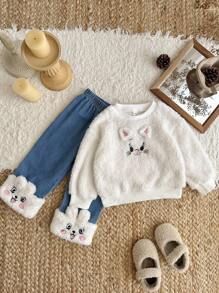 SHEIN Kleinkind Mädchen Plüsch Rundhals Langarm T-Shirt und Hose Set