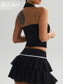 Dewbera Polo deportivo para mujer, cuello halter sexy, ropa de entrenamiento para tenis y golf, elástico y cómodo para deportes al aire libre, correr, yoga, tejido acanalado, top deportivo de moda