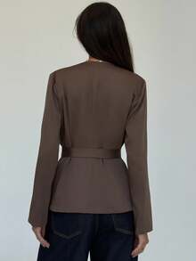 Aloruh Women's Fashionable Solid Color Deep V Neck Blazer In Fall/Winter - Brown - View 2