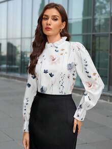 SHEIN Clasi Women's Elegant Versatile Floral Print Ruffle Sleeve Stand Collar Blouse - Multicolor - View 3