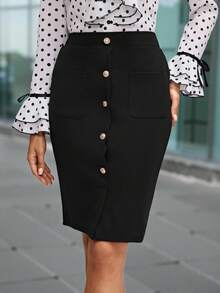 SHEIN Clasi Falda de mujer con botones delanteros y detalles de metal - Negro - Ver 4