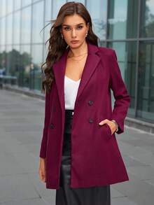 SHEIN Clasi Abrigo cruzado de doble botonadura con cuello de solapa, adecuado para el uso diario - Rojo violeta - Ver 4