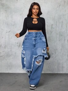 Slaydiva Plus Size Blue Distressed Frayed Hem Fashion Double Layer Design Jeans New Fall Fashion Women,Fall Clothes For Women - Blue - View 5