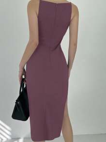DAZY Đầm midi bodycon màu trơn xẻ tà phía trước cho nữ, váy suông thanh lịch không tay - Màu tím - Xem 5